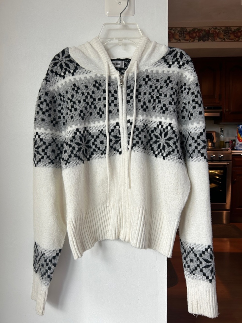 Madden Girl || Cream & Black Fair Isle Hooded Zip Sweater